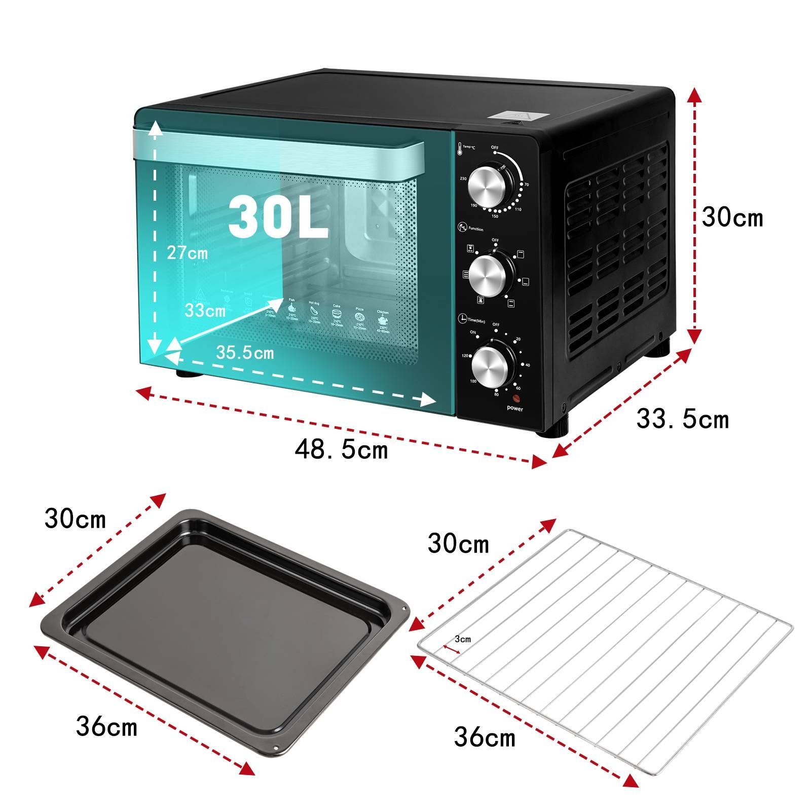EUGAD Minibackofen, 30 L mit 3 Ebenen 6 Modi Umluft zweilagige Tür, 1500 W – Bild 3