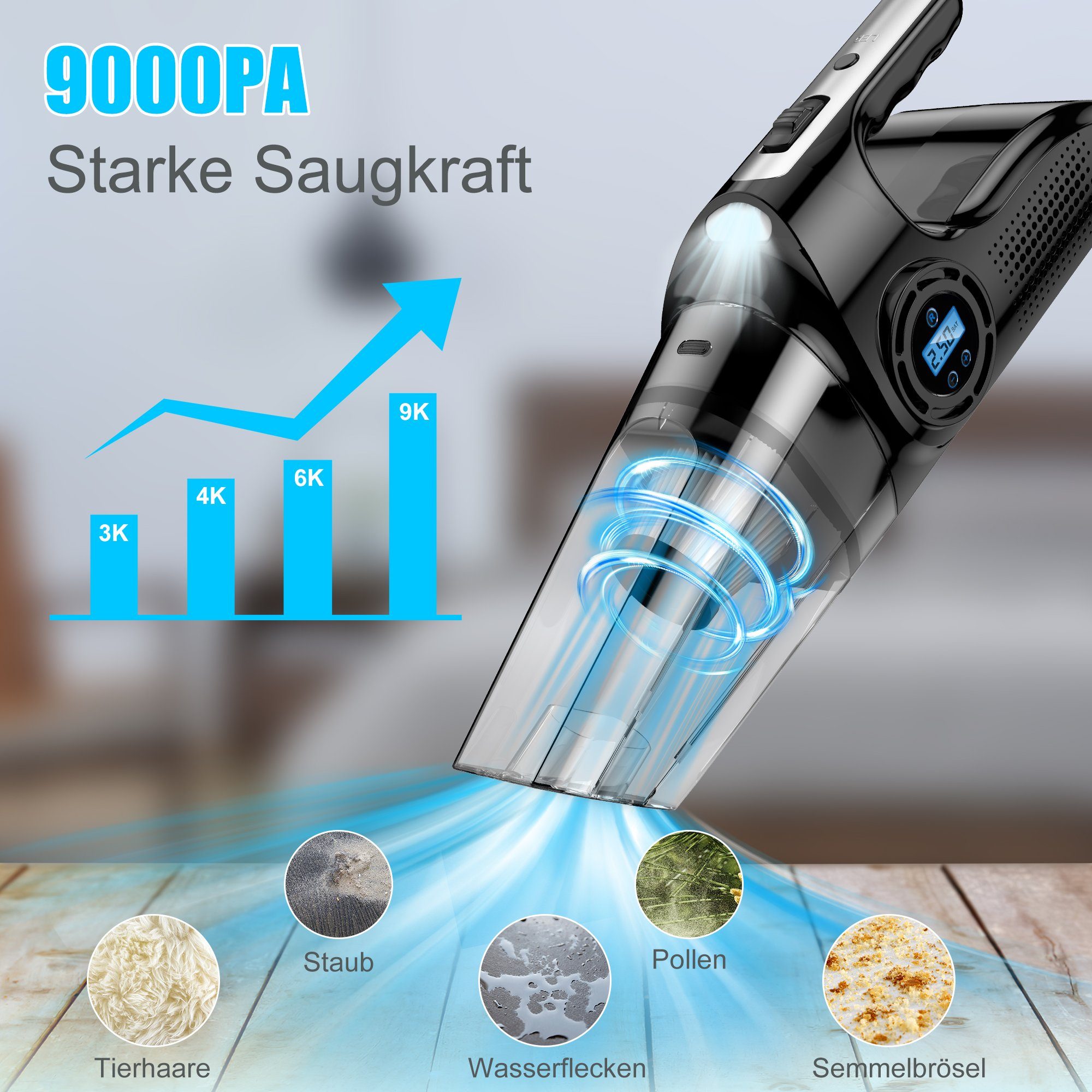 Vbrisi Akku-Handstaubsauger Handstaubsauger, Autostaubsauger 9000 Pa, Mit aufblasbarer Funktion., Multifunktionaler Staubsauger, Leistungsstarker Akku Handstaubsauger – Bild 3