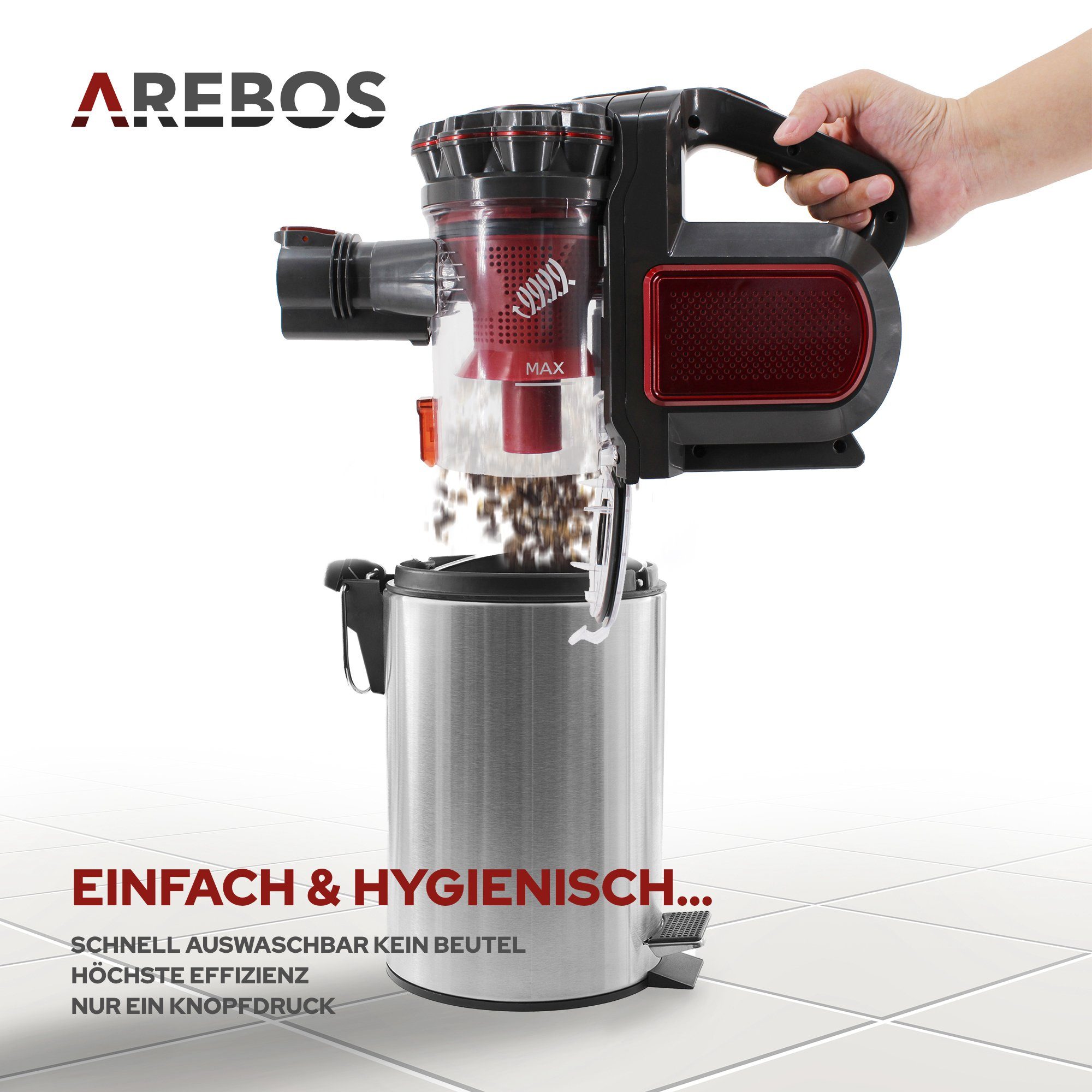 Arebos Akku-Handstaubsauger Lithium-Ionen-Akku Staubsauger, 2-in-1 Hand- und Bodenstaubsauger, 200,00 W, beutellos – Bild 5