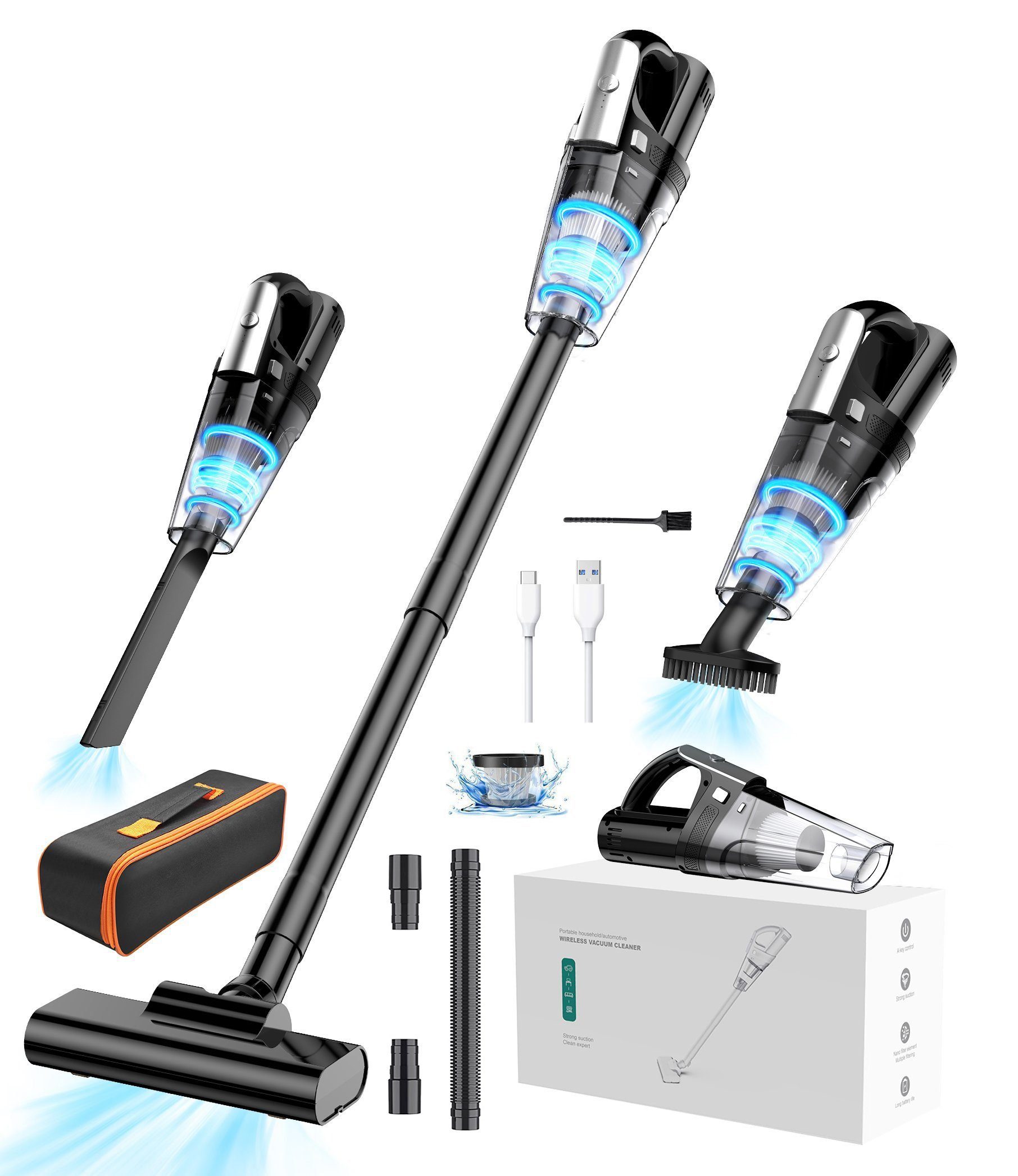 Vbrisi Akku-Handstaubsauger Handstaubsauger, Autostaubsauger 7500Pa Staubsauger, Mit 6000mA-Akku, Mit Aufbewahrungstasche, 4 in 1 Multifunktionaler Akku-Handstaubsauger, Kann in Wohnungen, Autos usw. verwendet werden, Mit Lichtfunktion