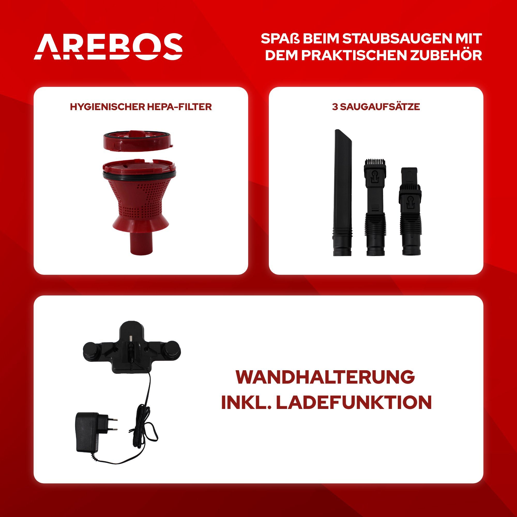 Arebos Akku-Handstaubsauger Lithium-Ionen-Akku Staubsauger, 2-in-1 Hand- und Bodenstaubsauger, 200,00 W, beutellos – Bild 8