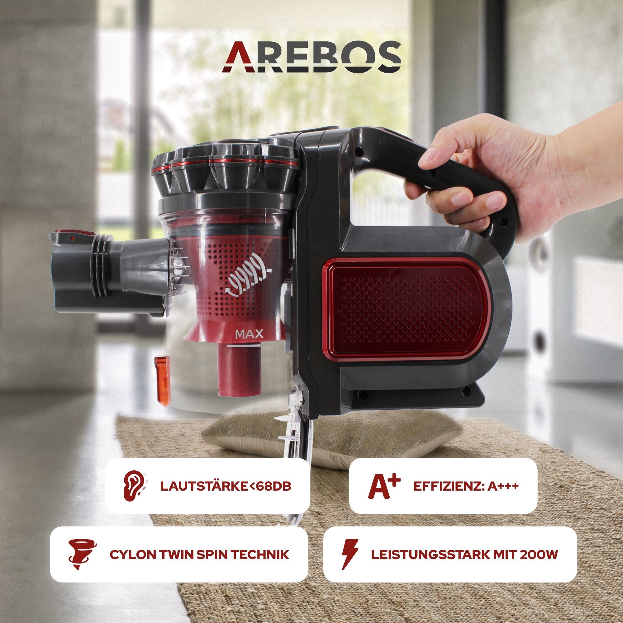 Arebos Akku-Handstaubsauger Lithium-Ionen-Akku Staubsauger, 2-in-1 Hand- und Bodenstaubsauger, 200,00 W, beutellos – Bild 6
