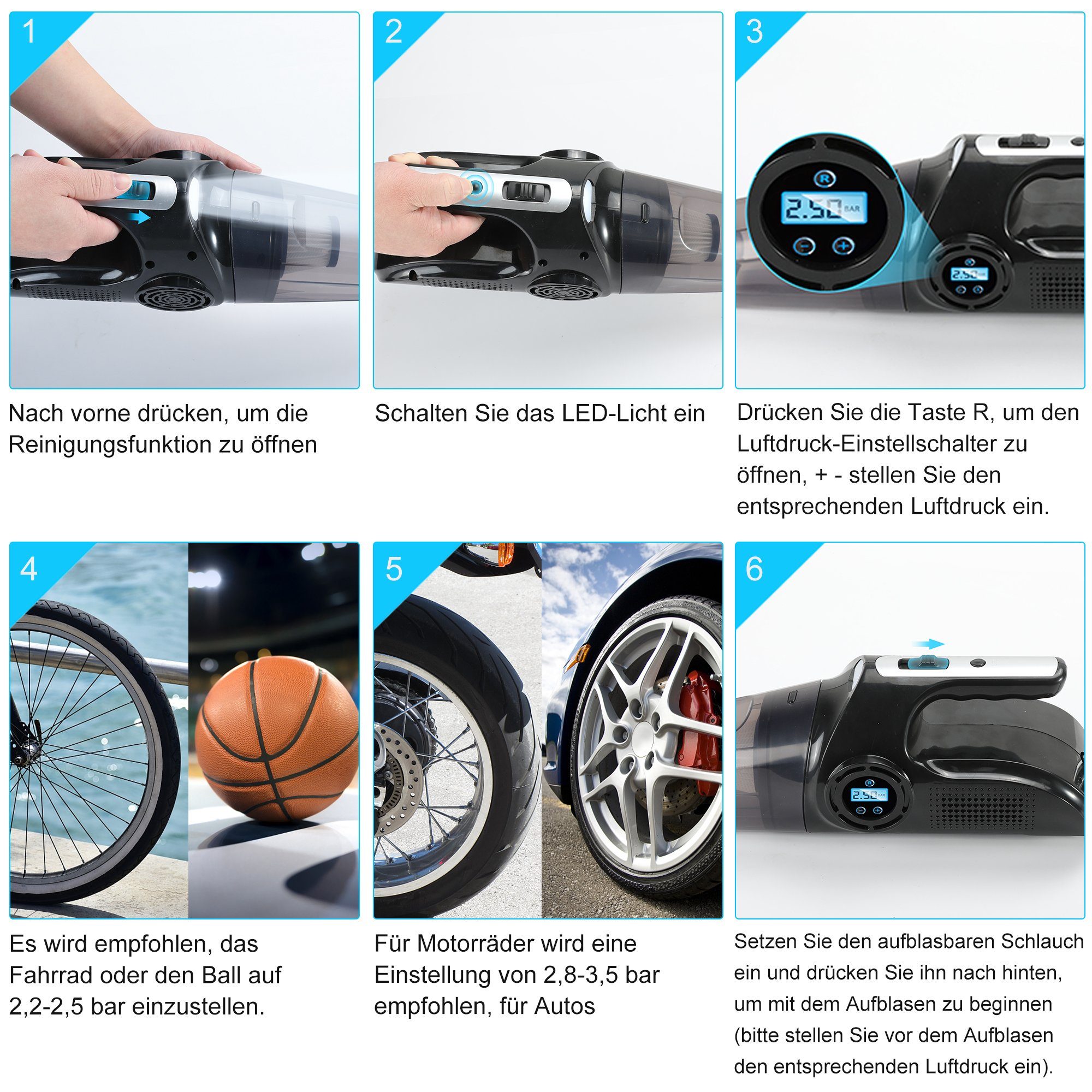 Vbrisi Akku-Handstaubsauger Handstaubsauger, Autostaubsauger 9000 Pa, Mit aufblasbarer Funktion., Multifunktionaler Staubsauger, Leistungsstarker Akku Handstaubsauger – Bild 7