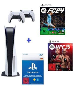 PlayStation 5 + 2 Controller und 2 Spiele: EA SPORTS FC 24 Standard Edition + EA SPORTS UFC 5 Standard Edition + 120€ PlayStation Store Gift Card