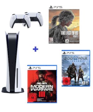 PlayStation 5 + 2 Controller + 3 Spiele: God of War Ragnarök + Call of Duty: Modern Warfare III + The Last of Us Part 1 (Uncut Edition)