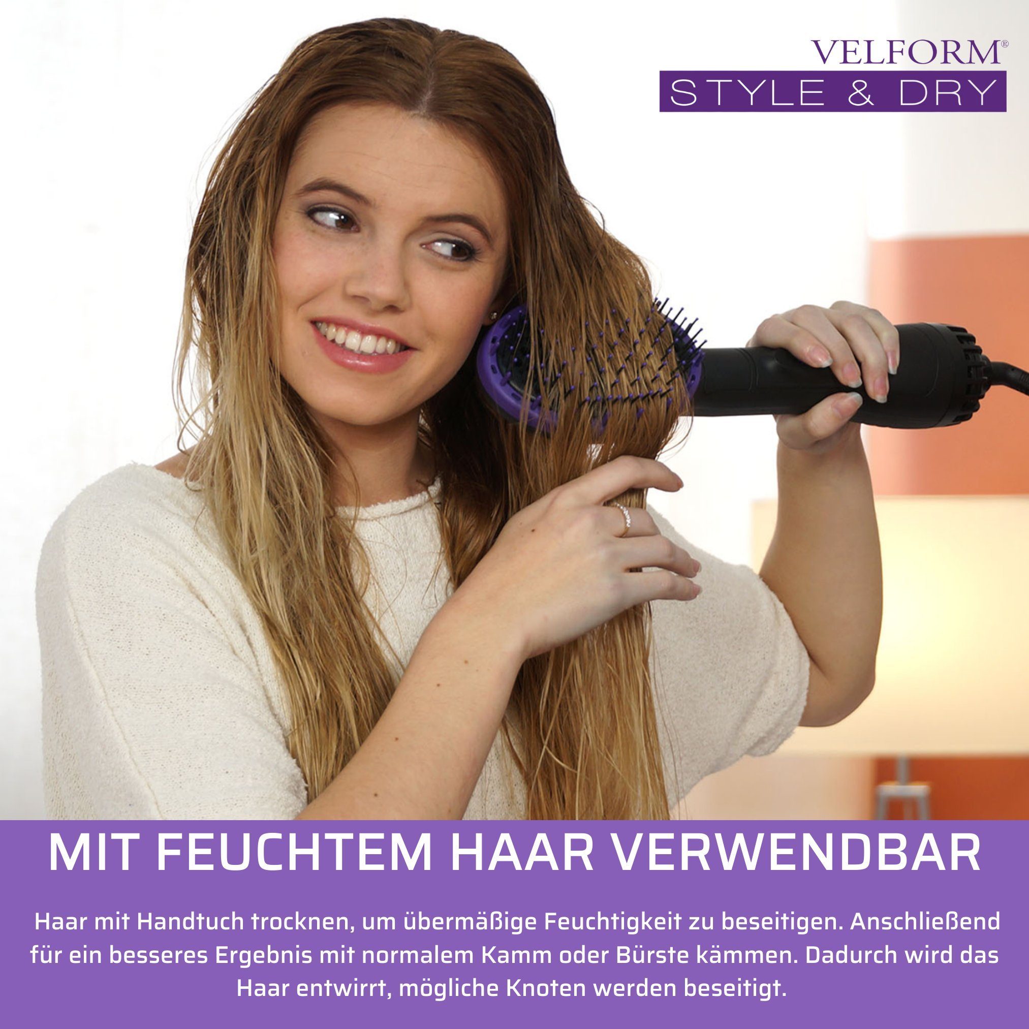 Velform® Warmluftbürste Style & Dry, 2 in 1 Bürste und Haartrockner in einem, 1000 Watt – Bild 7