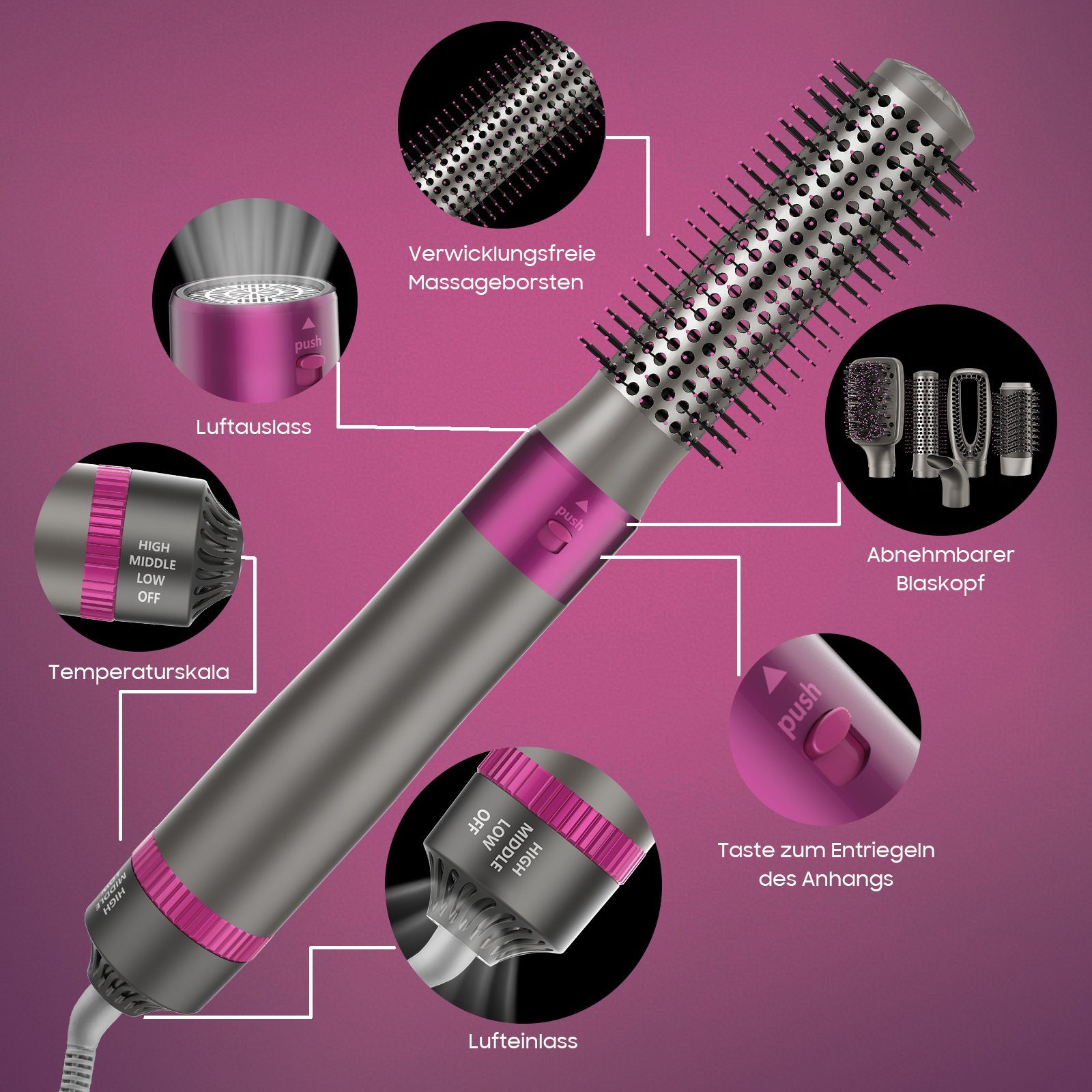 Aoucheni Warmluftbürste Haartrockner Warmluftbürsten-Set, 5 IN 1 Föhnbürste, Multifunktionale Heißluftkamm, Curly Hot Air StylerHeißluftbürste – Bild 6