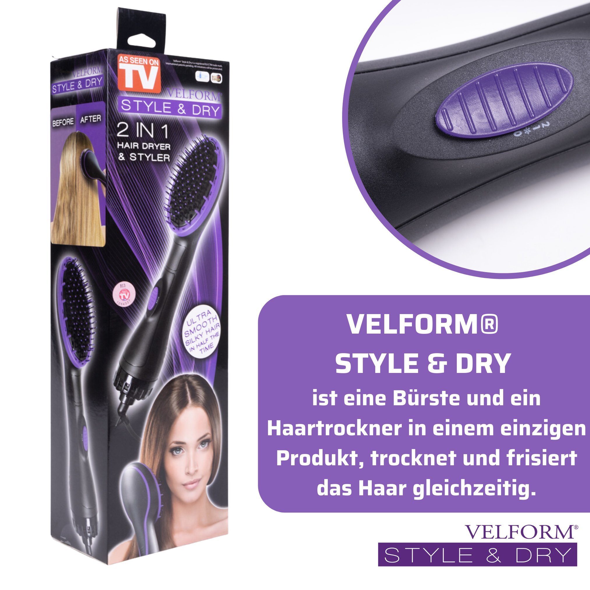 Velform® Warmluftbürste Style & Dry, 2 in 1 Bürste und Haartrockner in einem, 1000 Watt – Bild 4