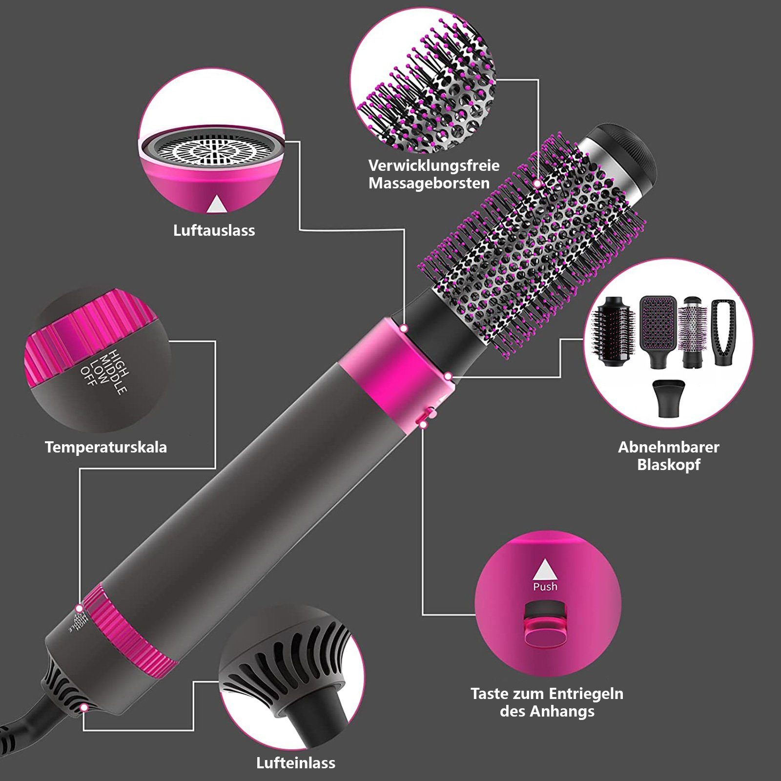 iceagle Multihaarstyler 5 in 1Haartrockner Warmluftbürste, Abnehmbar Föhnbürste – Bild 8